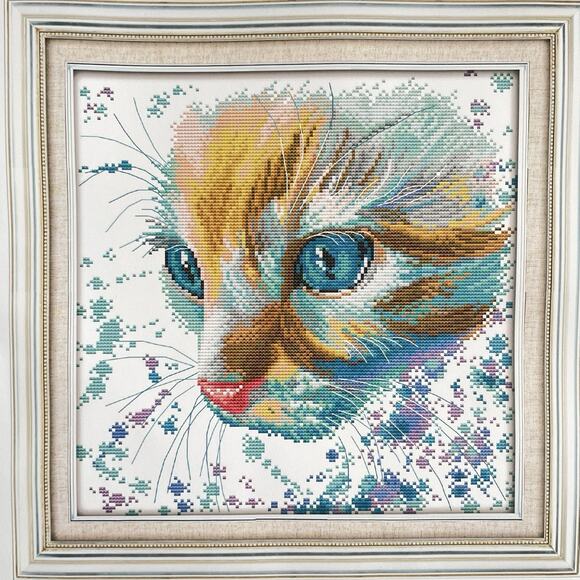 Watercolor Cat Stamped Cross Stitch Kit Maydear 16 x 16" Kitty Face Portrait New - Picture 1 of 5